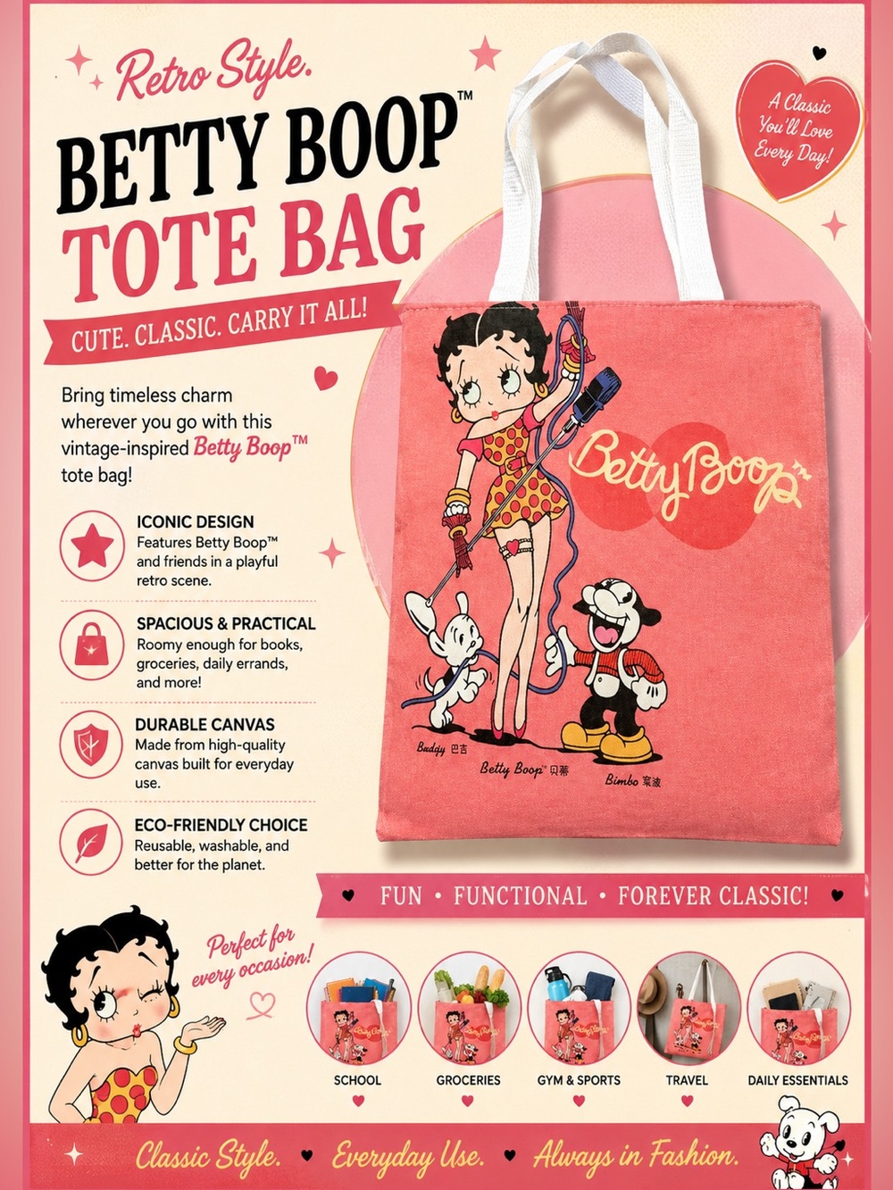 Betty Boop Coral Pink Canvas Tote with White Straps
